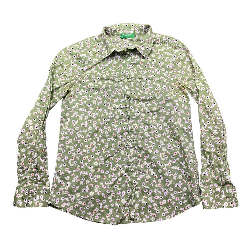 United Colors of Benetton Womens Sage Green Floral Daisy Button Down Shirt
